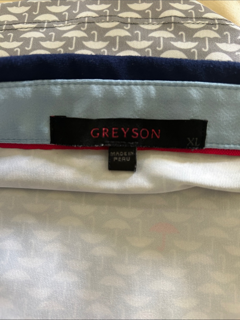 Greyson Grey Patterned Umbrella Polo shirt with Navy Contrast Collar, Golf, XL - Picture 9 of 13